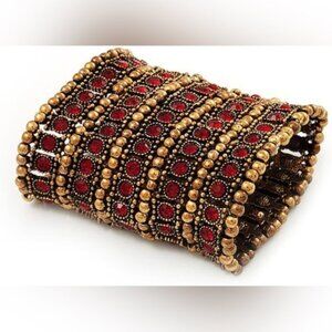Unique Vintage Wide Red Gold Crystal Egyptian boho flex stretch Bracelet 3.25"